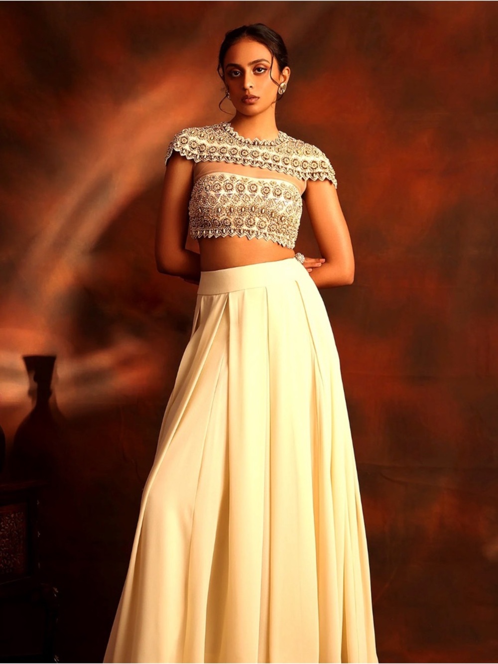 Kaashi by Shalini Ivory and Gold Indian Lehenga Skirt Set